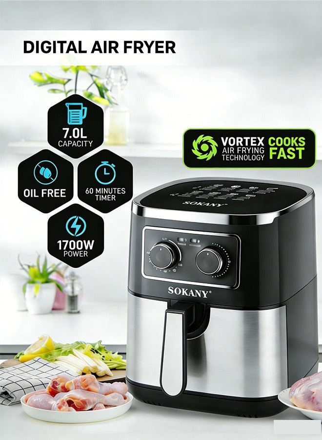 سوكاني مقلاة هوائية، سلة متعددة الطبقات غير لاصقة، طهي أقل زيتًا، وقت ودرجة حرارة قابلان للتعديل، سعة 7 لترات مناسبة للعائلة، مقابض تحكم ميكانيكية، 1700 واط، SK-10053 - Image 1